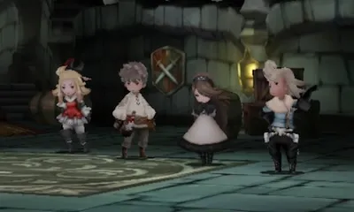 Screenshot from after a battle in the Bravely Default series, featuring Edea, Tiz, Agnes, and Ringabel.